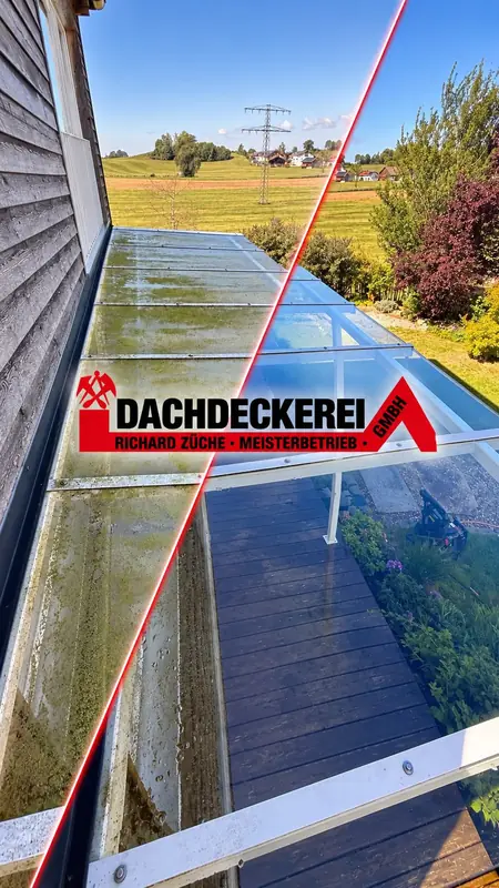 Vorher-Nachher-Vergleich einer gereinigten Glas-Terrassenüberdachung